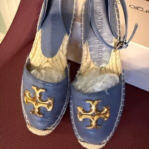Tory Burch Slate Blue Espadrilles with Gold Emblem